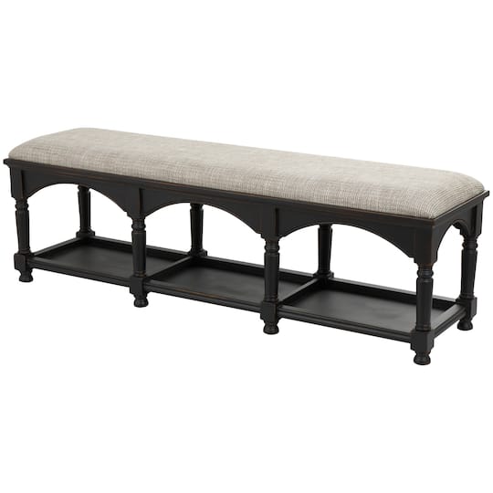 59&#x22; Black &#x26; Beige Fabric Arched Storage Bench with Traditional Turned Legs